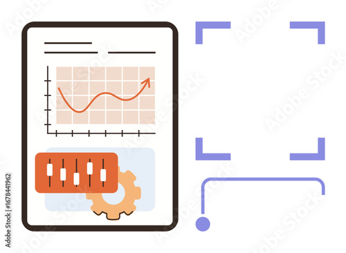 Graph with upward trend, candlestick chart, gear for optimization, scanning frame. Ideal for finance, technology, strategy, analysis progress productivity innovation. Simple flat metaphor