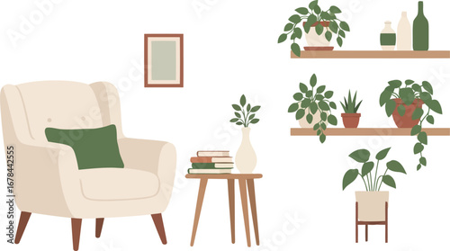 Cozy armchair and plant filled shelves create a comfortable and stylish modern living room interior vector