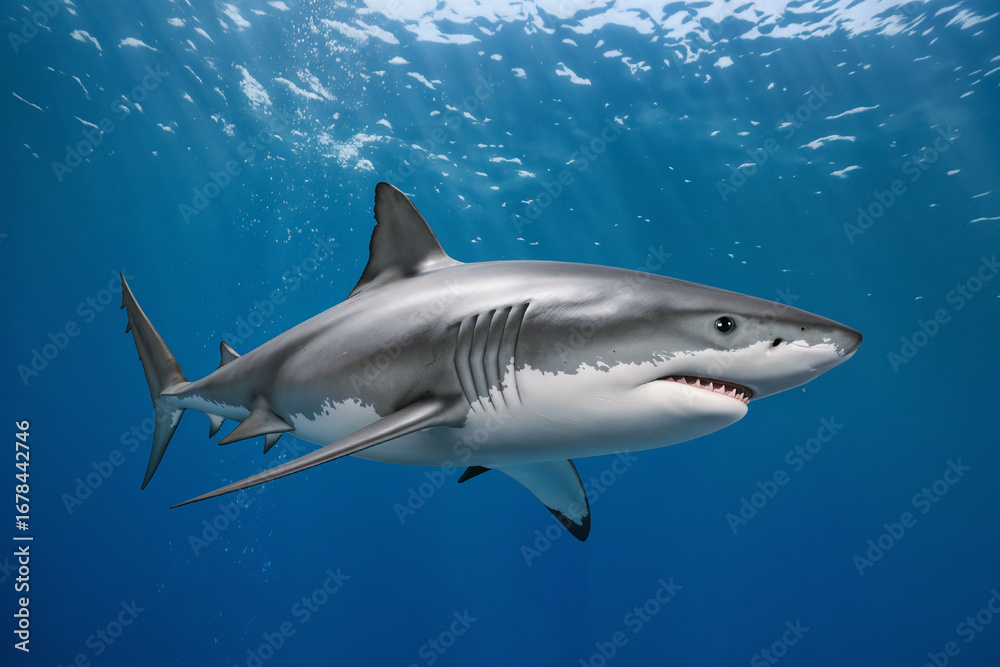 Fototapeta premium Majestic Great White Shark Underwater: Powerful Predator in Ocean Habitat