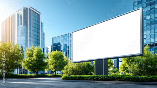 Wallpaper Mural A large blank billboard stands prominently in a modern urban park surrounded by green trees and shrubs, with tall glass office buildings in the background under a clear blue sky Torontodigital.ca
