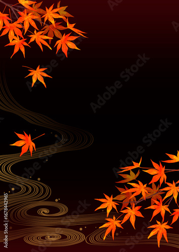 Fototapeta 紅葉と水流の和柄 水彩風 黒背景 縦画像