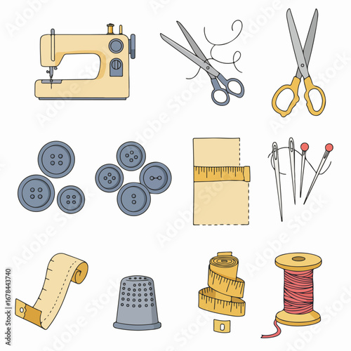 Essential sewing and tailoring tools collection, featuring a sewing machine, scissors, thread, buttons, needles, thimble, and measuring tape, perfect for DIY and craft projects.