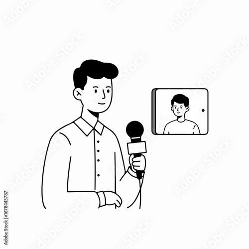 News reporter holding a microphone, conducting a remote interview with a guest displayed on a tablet screen, in a modern line art style.