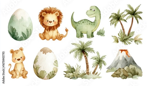 Cute watercolor illustrations of baby animals, dinosaurs, and jungle elements