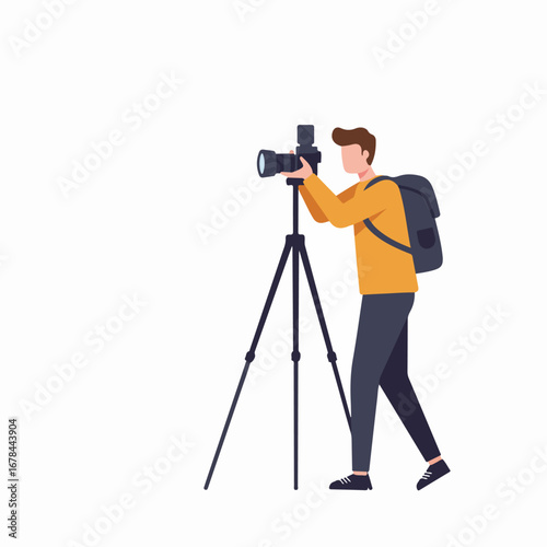 Male photographer with camera on tripod and backpack capturing an image, professional flat illustration.
