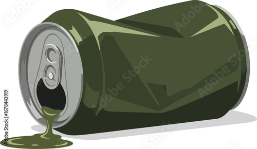 Crushed green soda can spilling liquid on vector illustration vector