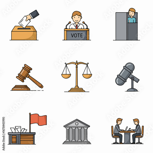 Comprehensive Set of Political, Legal, and Governmental Icons for Elections, Justice, and Public Administration