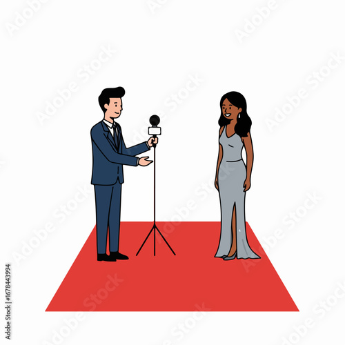 Journalist interviews elegant celebrity on red carpet, capturing media event, awards show, or premiere scene in a clean, modern illustration style.