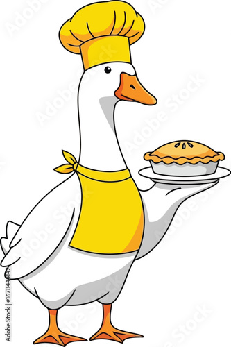 Chef goose holding delicious pie illustration for culinary concepts and restaurant promotion vector