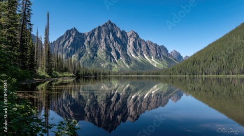 A scenic mountainous backcountry lake in summer with crystal clear water reflecting towering peaks under a bright blue s