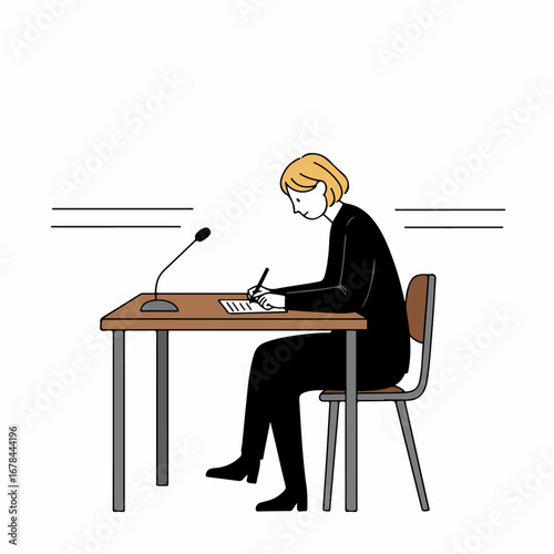 Professional woman in suit writing at a desk with a microphone, illustrating business, public speaking, or administrative tasks.