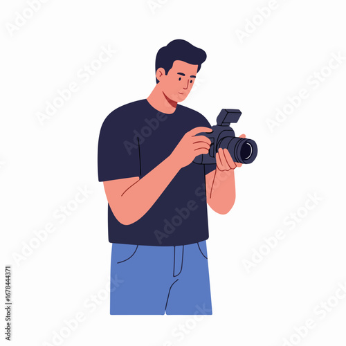 Young man photographer holding a DSLR camera with an external flash, focused on adjusting settings for a shot, isolated on white, digital photography.