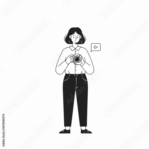 Black and white illustration of a woman holding a camera with a play icon, symbolizing a female photographer, videographer, or content creator.