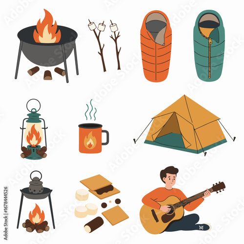 Essential camping gear and activities illustration: campfire, tent, sleeping bags, s'mores, lantern, hot drinks, and guitar music for outdoor adventure.