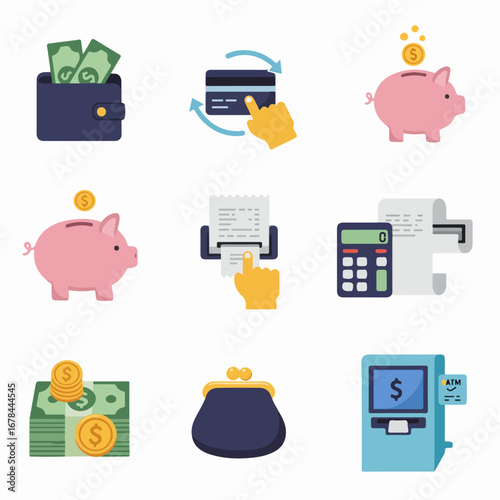Financial Management and Banking Services Icon Set: Money, Payments, Savings, and Transactions.