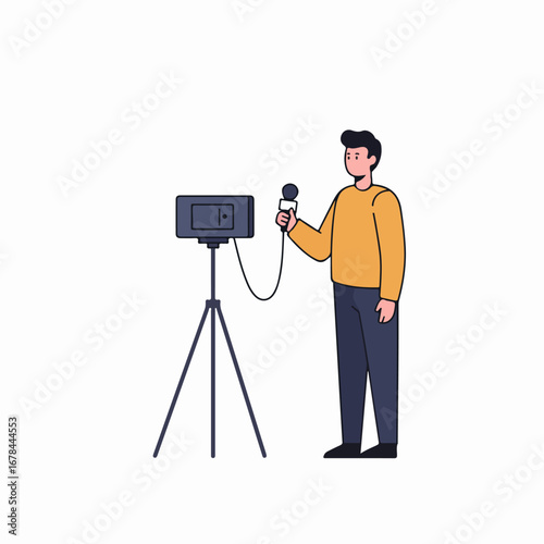 Male reporter with microphone and camera on tripod, broadcasting news or conducting an interview.