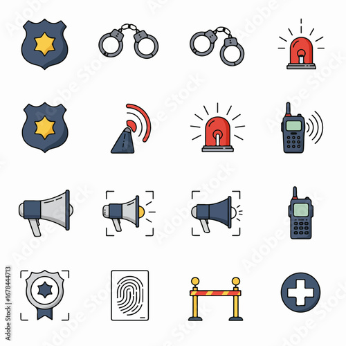 Flat design vector icons: Police, security, emergency services, communication, and public safety tools. A comprehensive collection for law enforcement themes.