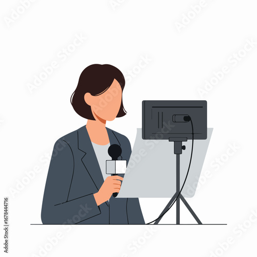 Broadcast journalist at work with microphone and teleprompter, flat illustration.