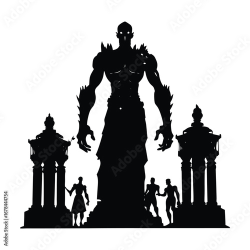 Silhouette vector giant silhouette figure among small people and ancient architecture