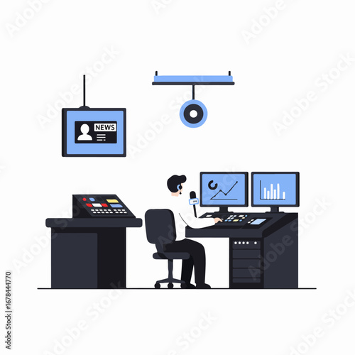 Broadcast studio control room illustration with an operator managing news production, featuring monitors, a mixer, and a surveillance camera for media communication.