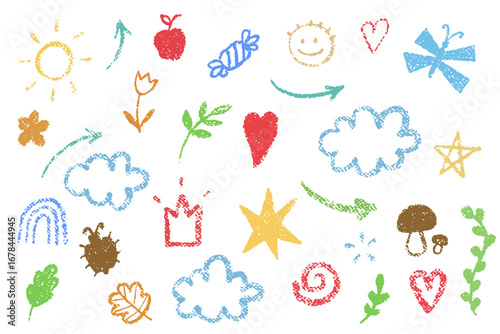 Cute hand drawn flower and cloud in kids crayon style. Doodle summer vector illustration for school, playroom, and design use.