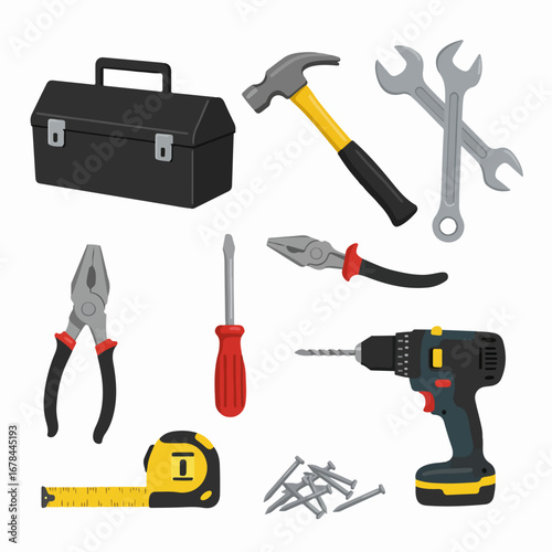Assortment of essential DIY and professional tools: hammer, drill, wrenches, pliers, screwdriver, tape measure, toolbox, and nails on white background.