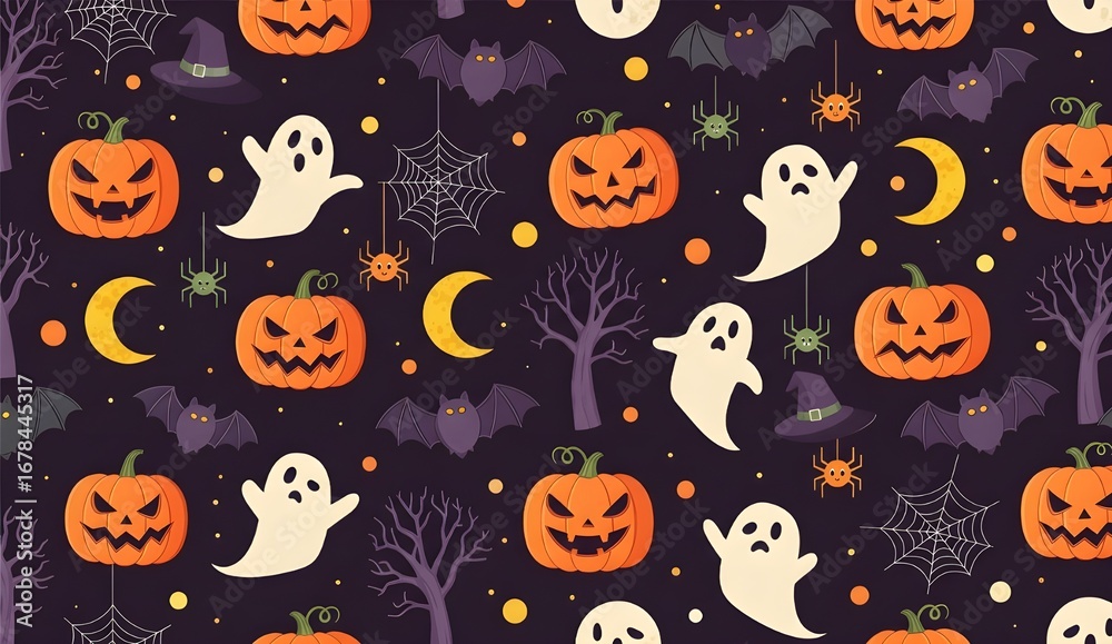 Vector Halloween seamless pattern with pumpkins ghosts bats and witches cartoon icons