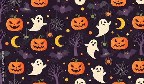 Vector Halloween seamless pattern with pumpkins ghosts bats and witches cartoon icons