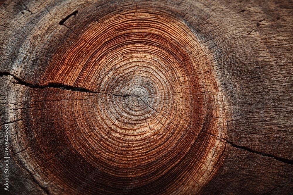 Fototapeta premium Close-up of a weathered tree trunk cross-section. Rich brown tones show growth rings