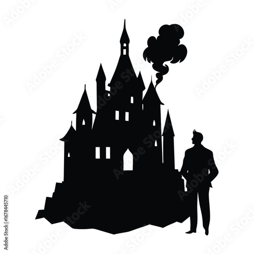 Silhouette vector silhouette of a man standing in front of a castle with smoke