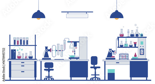 Modern scientific laboratory with equipment and glassware in flat design