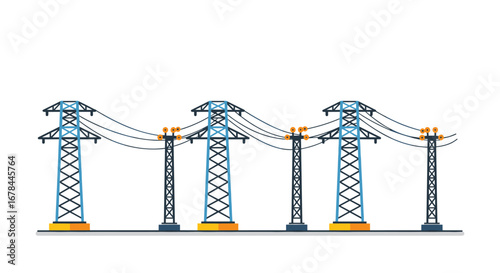 Detailed energy transmission towers with power lines in a flat design