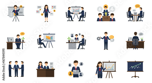 Flat styled office teamwork and business meeting scenes collection