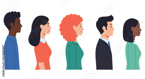 Diverse group of people in profile view on white background
