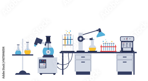 Modern laboratory workspace with scientific equipment and chemical tools