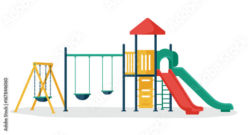 Colorful playground set with slide, swings, and climbing structure