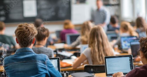 Attentive Students in a Bright Classroom Following a Lecture