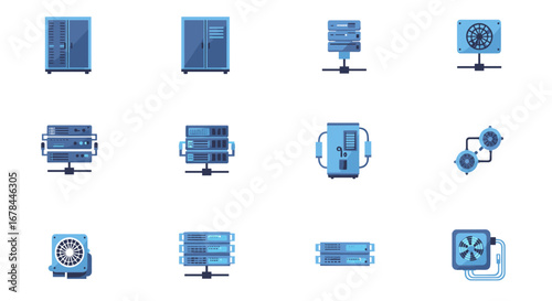 Technology devices collection with server racks and cooling systems in flat design