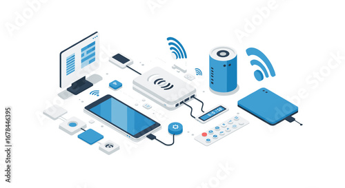 Isometric smart home network with connected devices and wireless technology