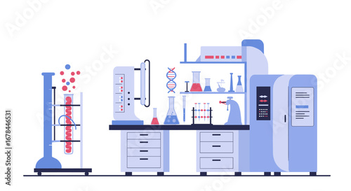 Modern laboratory workspace with scientific equipment and dna helix
