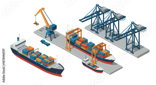 Isometric shipping port with cargo ships and cranes