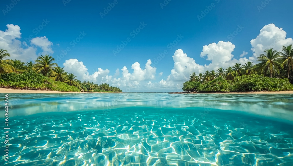 Fototapeta premium Stunning split-level view showcasing the vibrant turquoise ocean, sandy beach, and lush tropical islands under a bright blue sky.