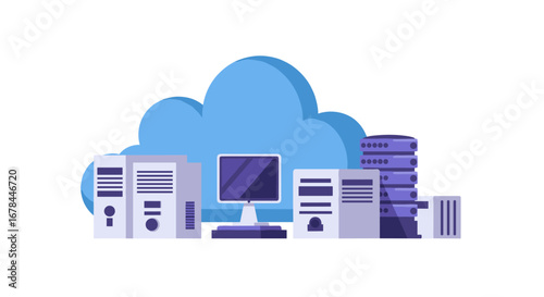 Cloud computing concept with servers and networking equipment in modern flat design