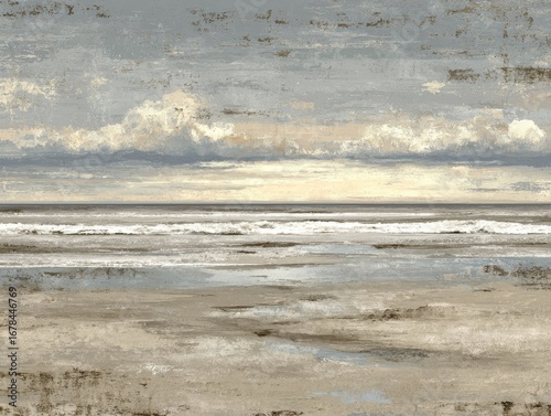 Abstract beach scene, muted colors, textured