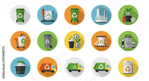 Eco-friendly waste management icons in modern flat design for recycling and sustainability