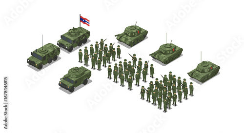 Isometric military parade with tanks and soldiers in formation