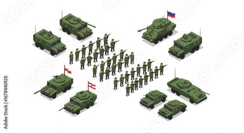 Isometric military vehicles and soldiers with national flags