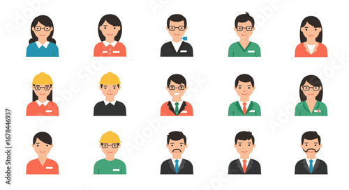 Diverse collection of flat style business and worker avatars for professional use