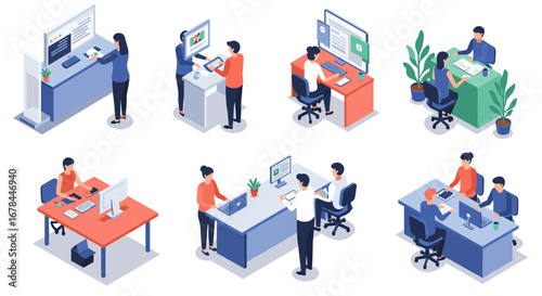 Modern office scenes in isometric style with diverse characters and workspaces