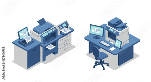 Isometric office setup with printers and computers on desks